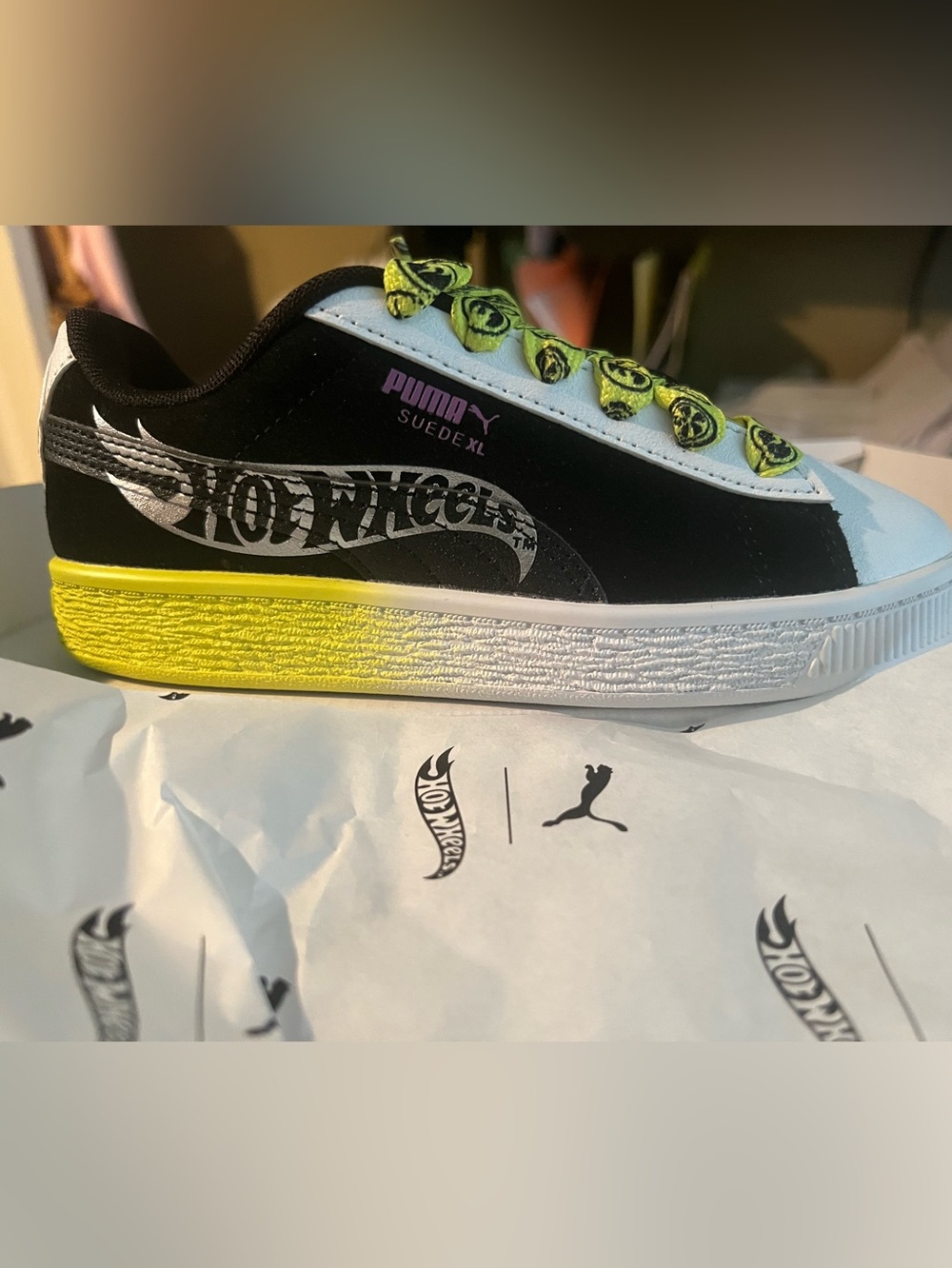 Puma Kids' Suede XL x Hot Wheels Black and Neon Yellow Sneaker Size 1C